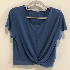 Zyia Active Crop Top Shirt Sz Large Blue Twist Front Short Sleeve Shirt